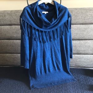 Notations Blue Cowl Neck & Fringe Sweater Sz L
